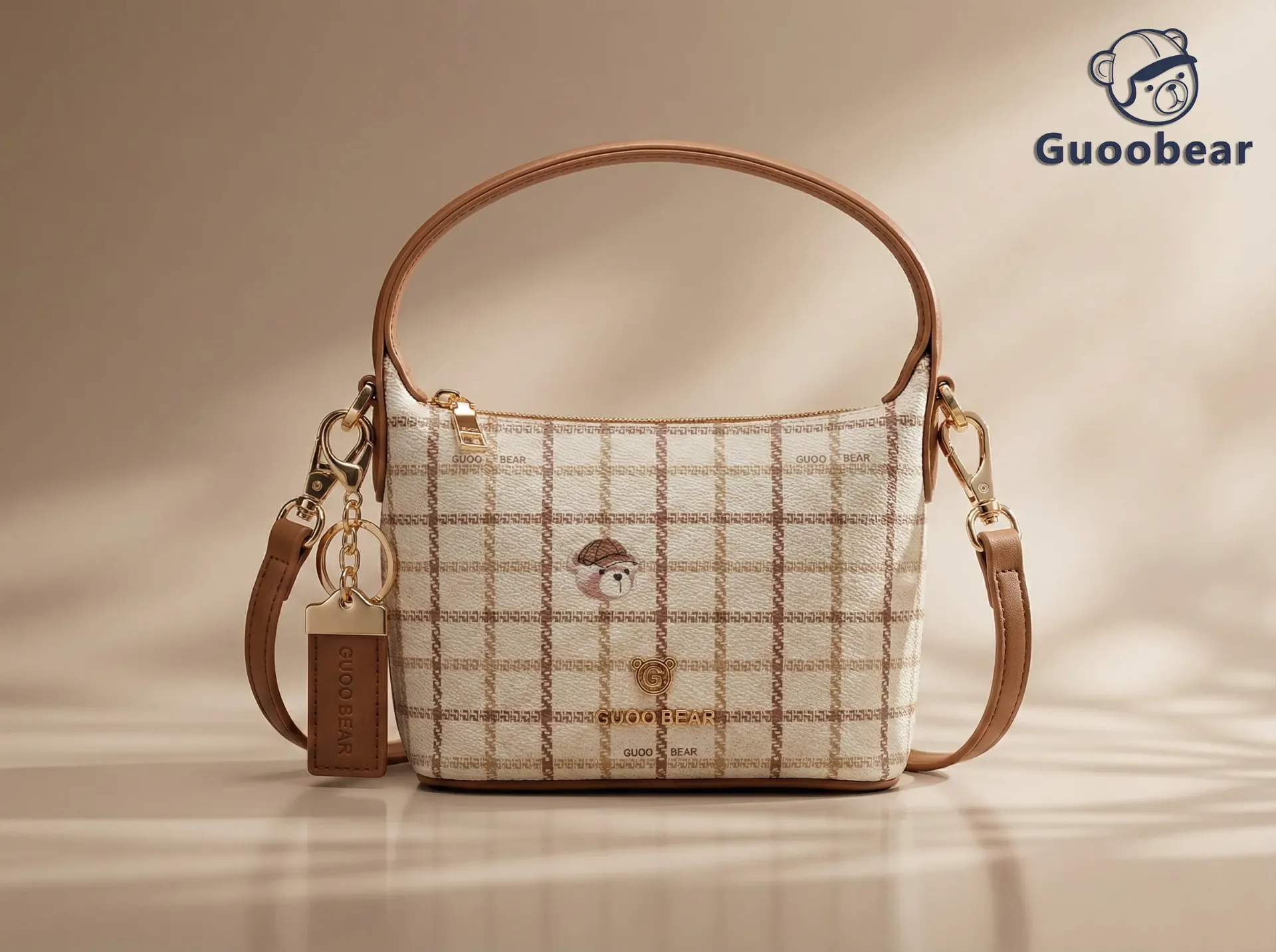 [GU1132-39360] Apricot plaid bear head handbag
