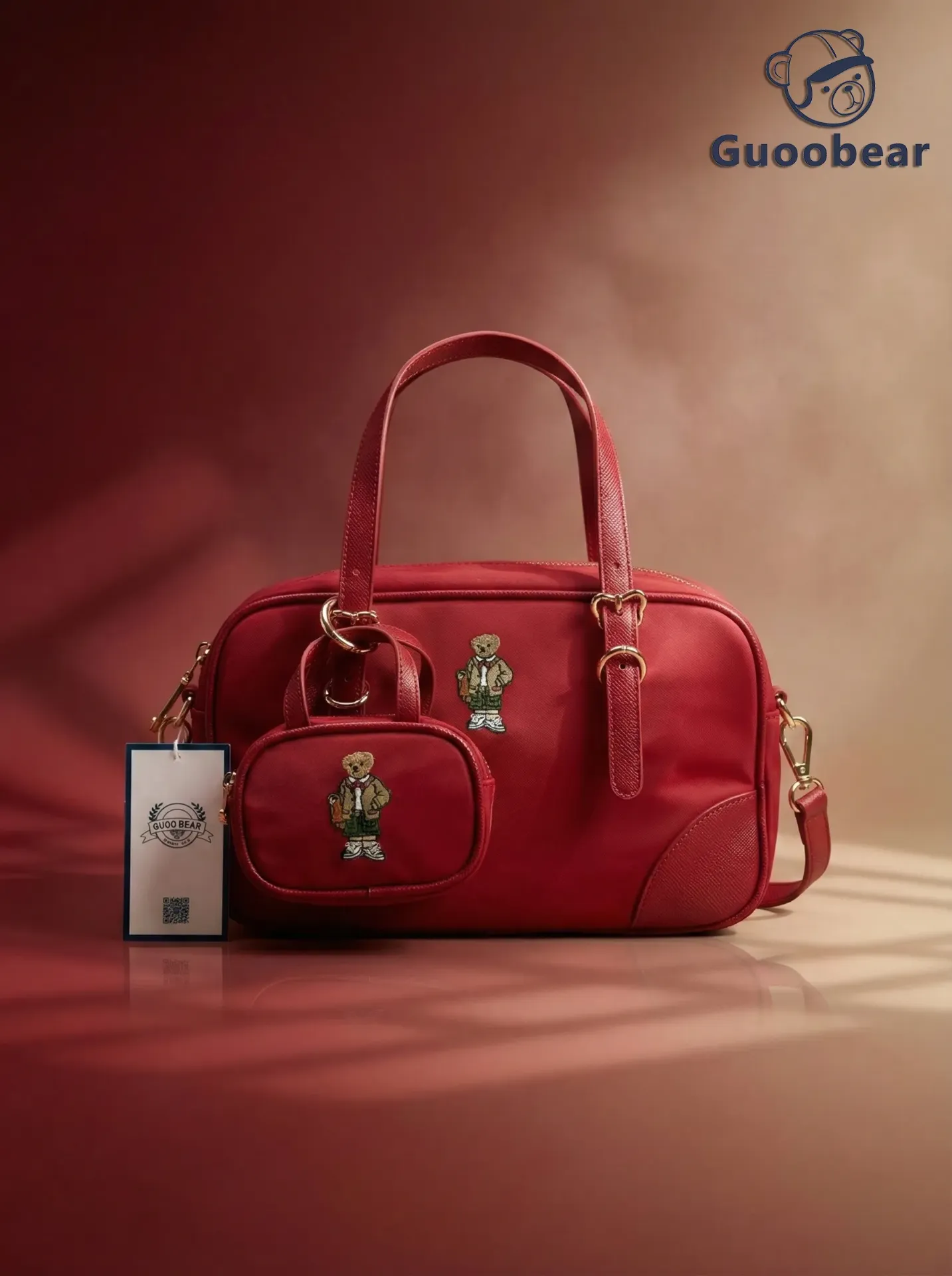 Red nylon embroidered handbag/crossbody bag