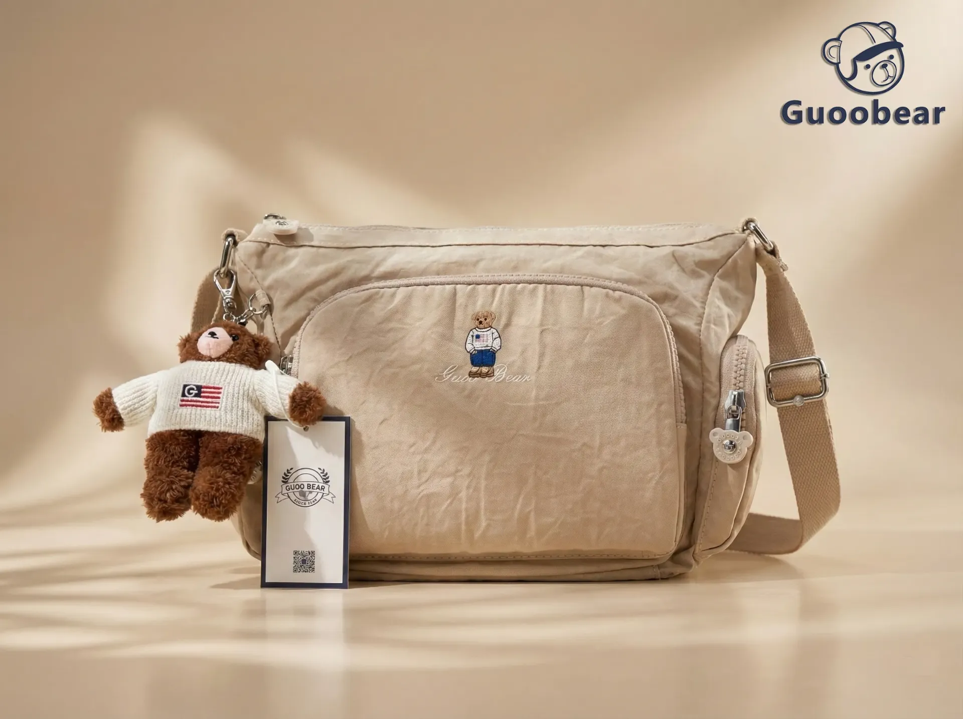 [GU1382-20090] Apricot nylon embroidered crossbody bag