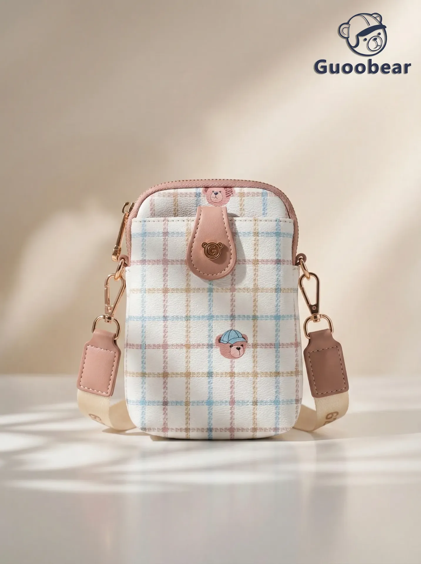 [GO-2011-59280] Gu Jia Beige Checkered Bear Head Phone Case