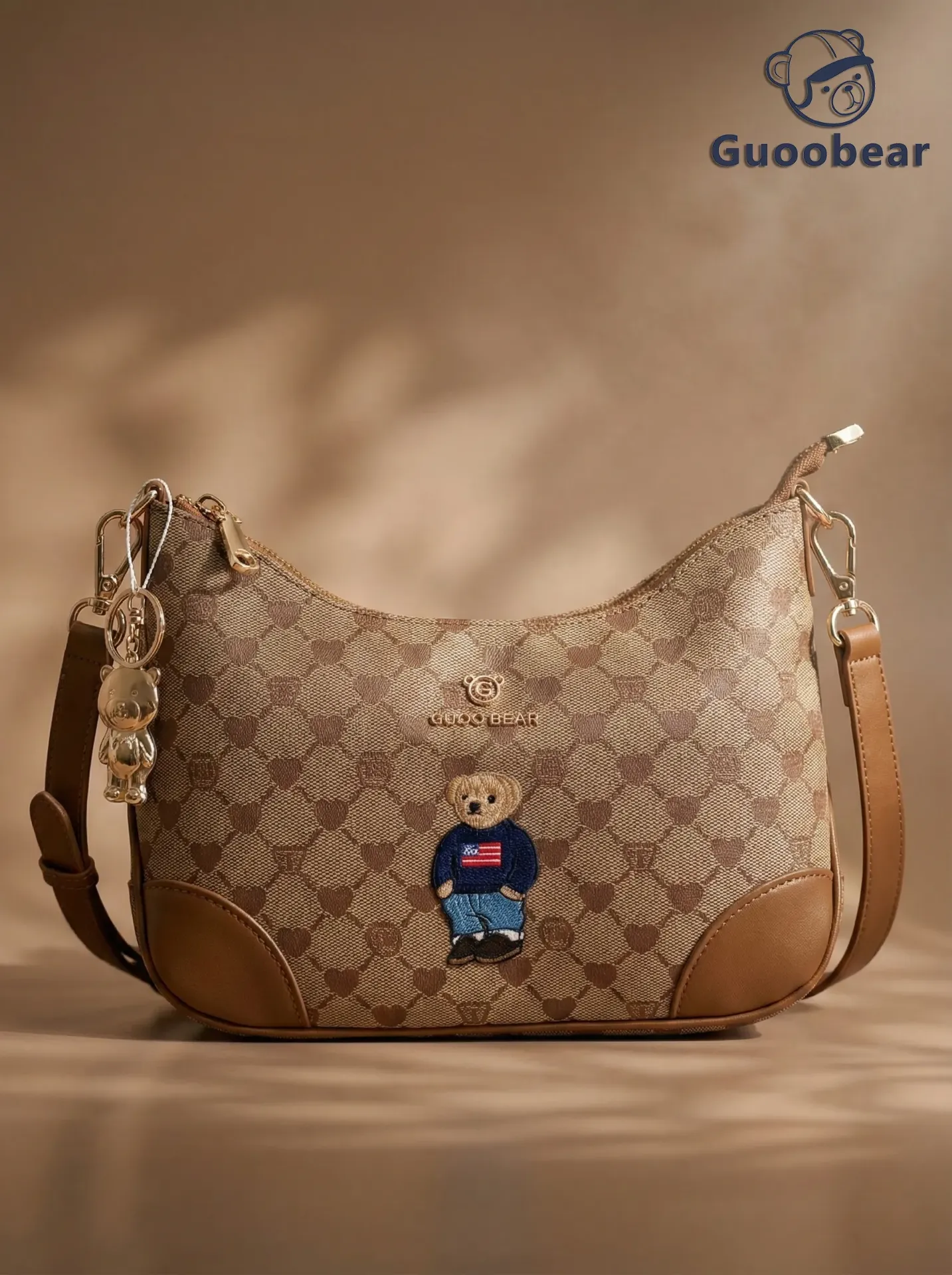 Coffee-colored jacquard heart-shaped underarm bag